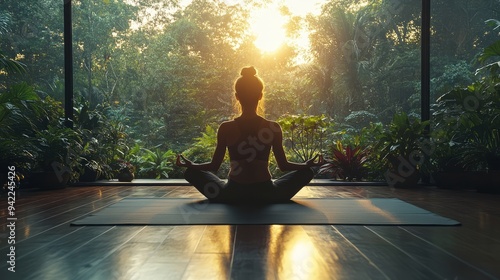 Peaceful nature scene with a person practicing yoga outdoors, surrounded by lush greenery and tranquility photo