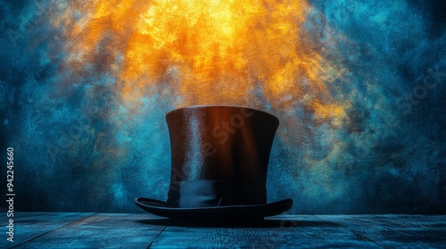 A vintage black top hat rests on a rustic wooden table illuminated by warm ev...