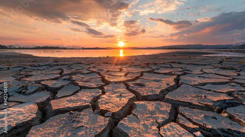 Close up of cracked dry ground with sunset at summer time with drying pond in background. Environmental disaster and ecological problem, global warming concept. Generative AI