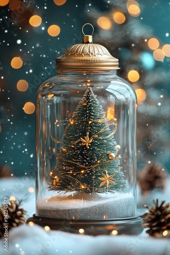Snowy miniature Christmas tree inside a glass jar with warm lights and pine c...