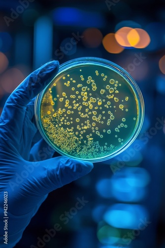 Scientist examines bacteria culture in petri dish during research in laborato...