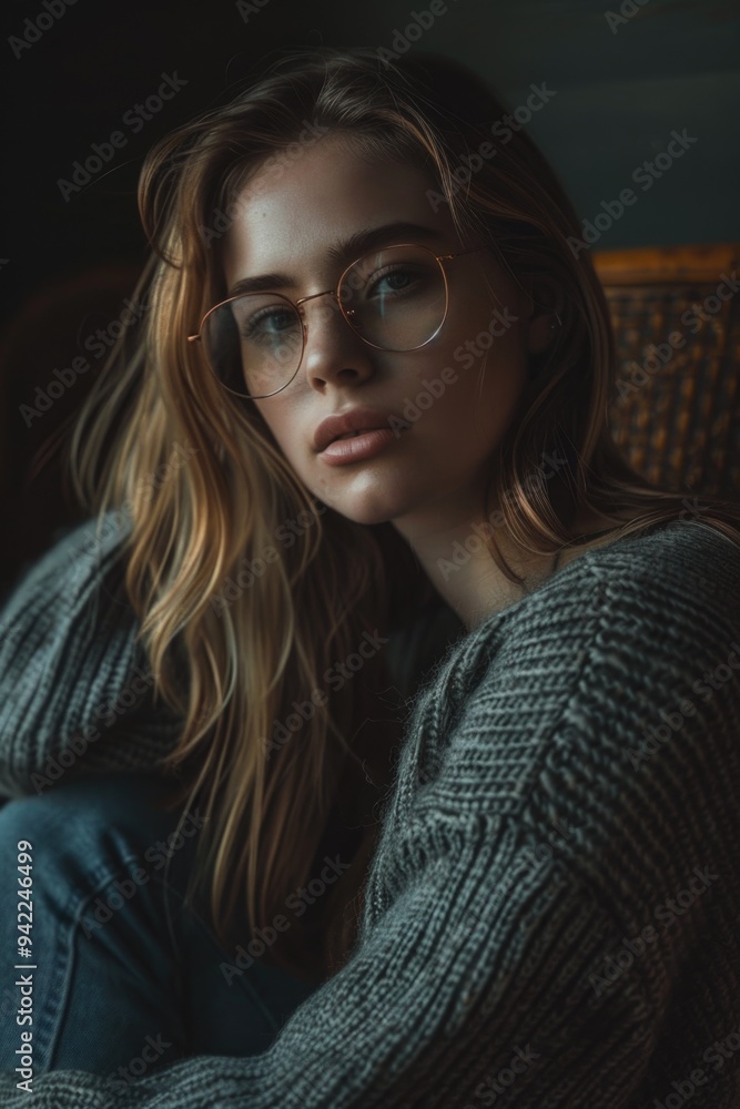 A woman wearing glasses sits comfortably on a chair A woman wearing glasses sits comfortably on a chair