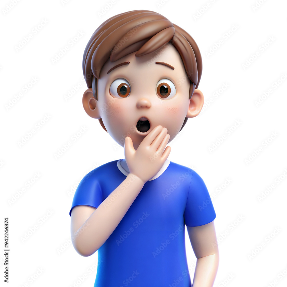 Animated 3D boy in blue shirt, surprised expression, hand to mouth, on transparent background Animated 3D boy in blue shirt, surprised expression, hand to mouth, on transparent background