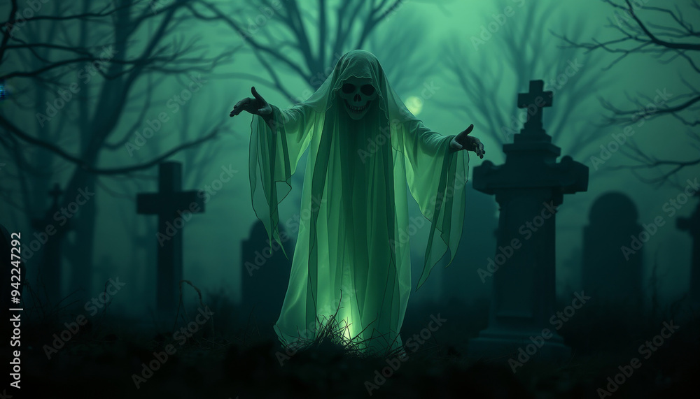 Eerie Ghost Haunting a Graveyard at Night. Halloween Horror Scene. Eerie Ghost Haunting a Graveyard at Night. Halloween Horror Scene.