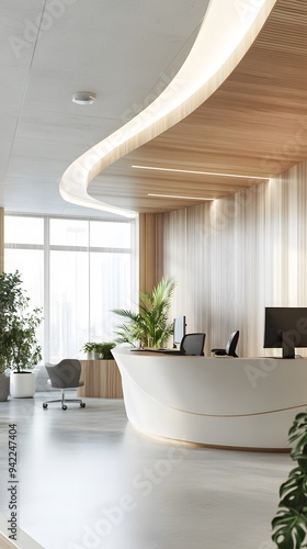 Modern interior design of an office space with white walls, wooden accents, and curved lines, featuring sleek desks, ergonomic chairs, computer screens, and plants in modern pots on the floor.