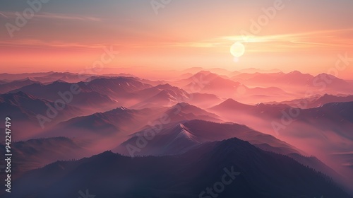 A mountain range with a sun setting behind it