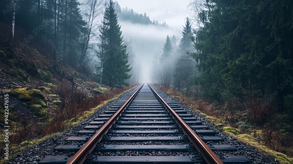A serene railway track winding through a misty forest landscape. A serene railway track winding through a misty forest landscape.