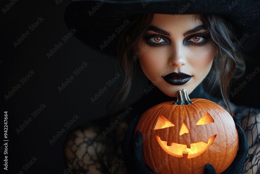 Sexy brunette woman in Halloween makeup and lingerie holds a pumpkin on black background. Halloween concept Sexy brunette woman in Halloween makeup and lingerie holds a pumpkin on black background. Halloween concept