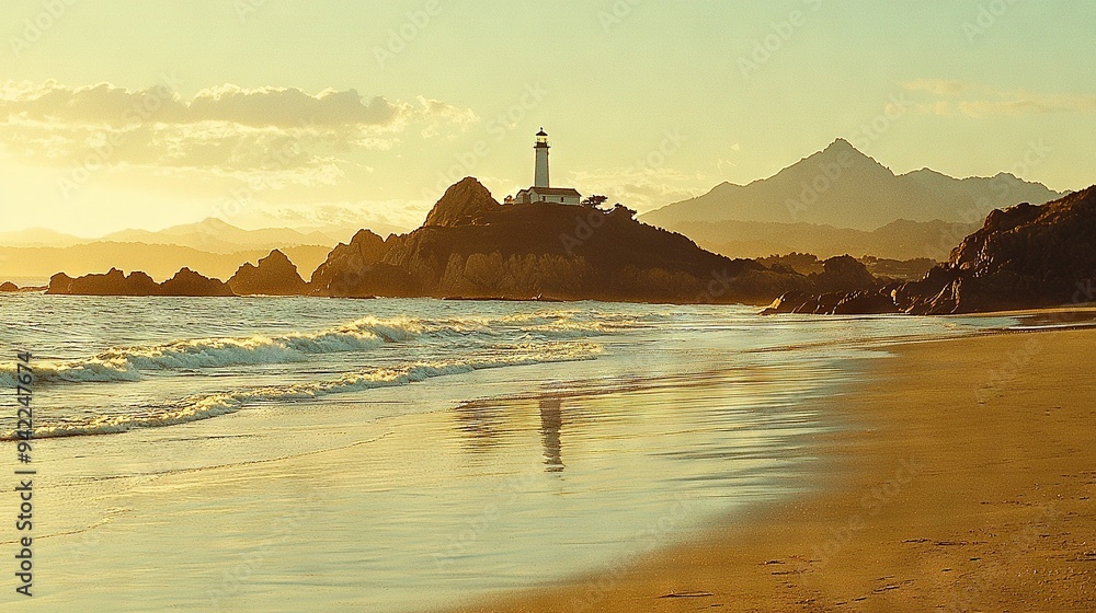 A picturesque sandy shore with gentle wave action and a lighthouse perched on a distant rocky cliff A picturesque sandy shore with gentle wave action and a lighthouse perched on a distant rocky cliff