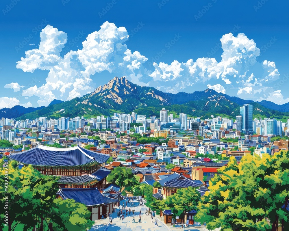 Fototapeta premium Stunning Cityscape of Seoul: High-Rise Buildings, Traditional Architecture, and Scenic Mountain Backdrop Under Vibrant Blue Skies