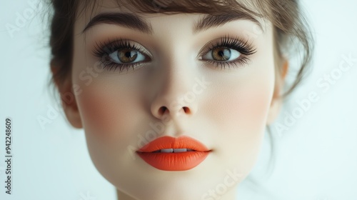 Close-up portrait of a young woman with sixties-inspired retro glamour makeup, featuring matte lipstick and defined eyes, looking directly at the camera against a light background