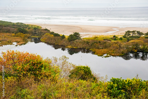 USA, Oregon. Overlook of slough and Pacific Ocean.