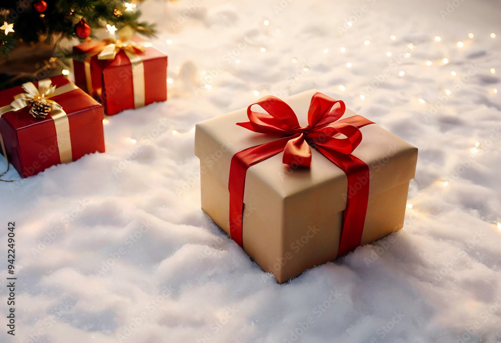 Christmas present box with snow, balls, and a ribbon Christmas present box with snow, balls, and a ribbon