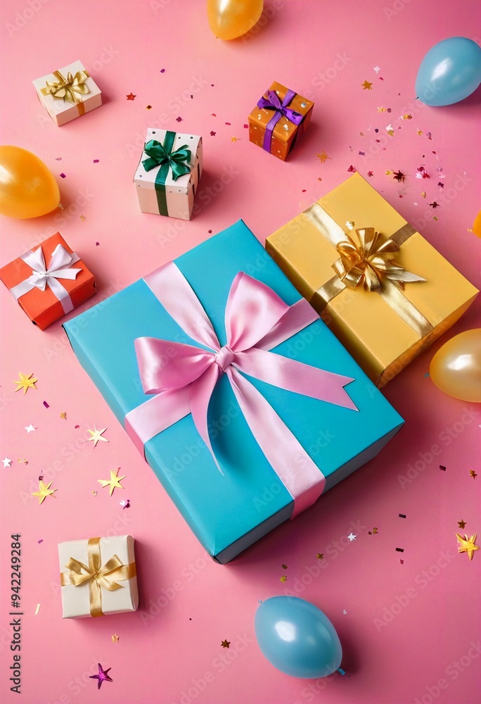Birthday present boxes on a festive environment with balloons Birthday present boxes on a festive environment with balloons