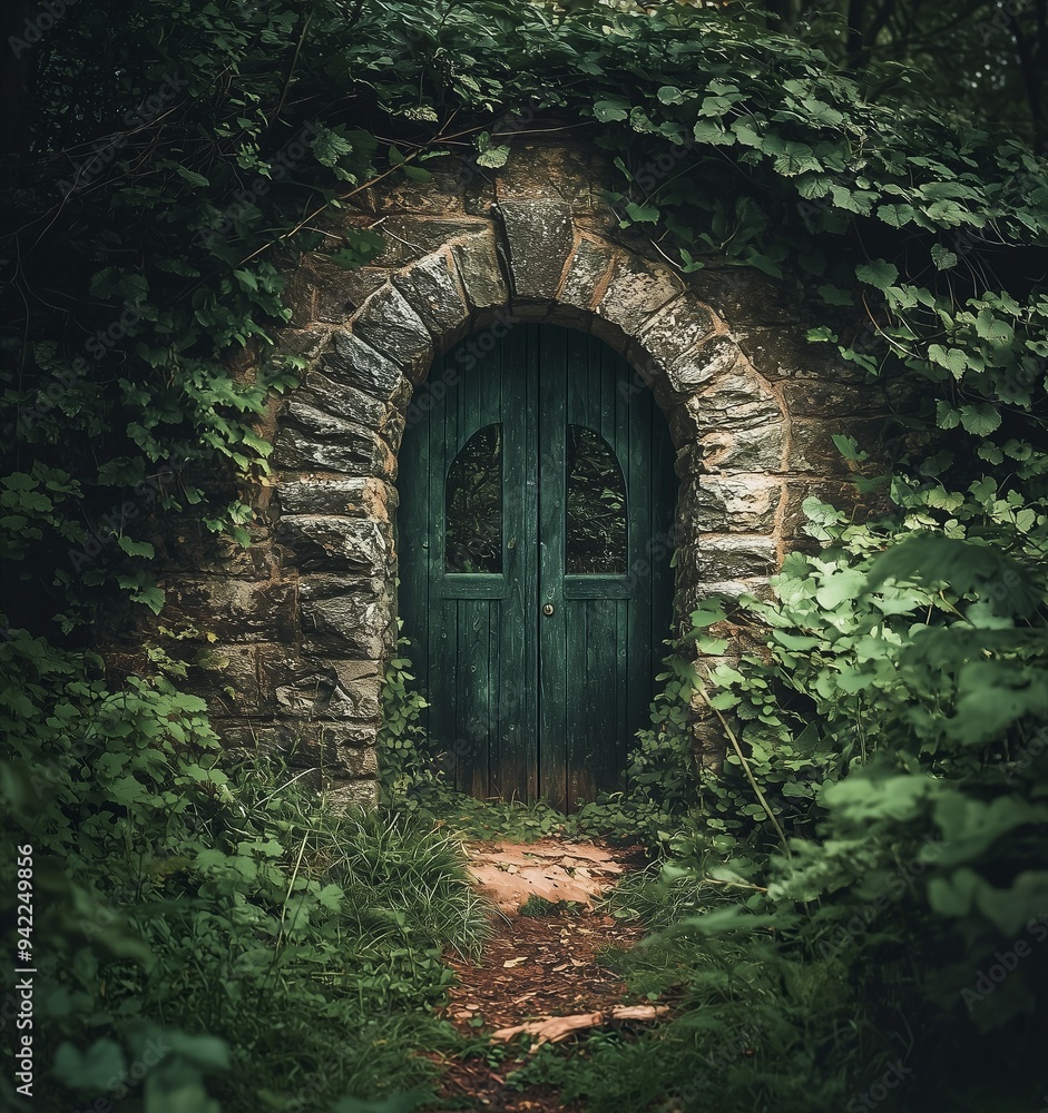 A photograph of an old stone archway leading to the forest, with... A photograph of an old stone archway leading to the forest, with...