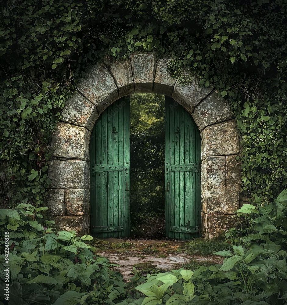A photograph of an old stone archway leading to the forest, with... A photograph of an old stone archway leading to the forest, with...