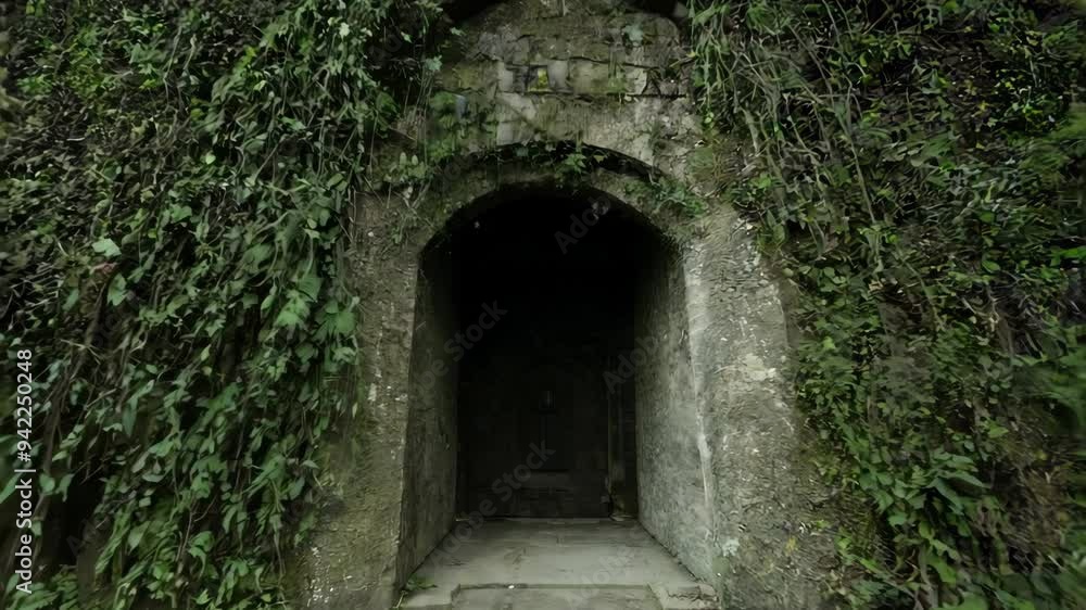 The camera flies around a small, overgrown crypt. The crypt’s door is ajar, with vines creeping inside. A ghostly figure can be seen entering the crypt, vanishing into darkness.
The camera flies around a small, overgrown crypt. The crypt’s door is ajar, with vines creeping inside. A ghostly figure can be seen entering the crypt, vanishing into darkness.
