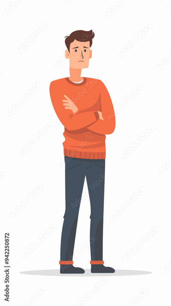 A man in an orange sweater is standing with his arms crossed. He looks sad and is not smiling A man in an orange sweater is standing with his arms crossed. He looks sad and is not smiling