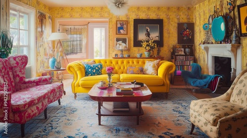 Retro living room interior. The room is decorated with colorful furniture and has a cozy.