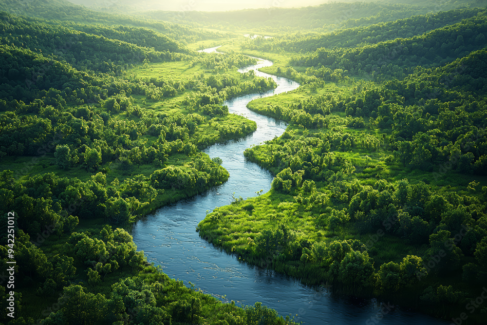A bird's-eye view of a winding river cutting through a lush valley. Concept of Earth's waterways and their lifegiving roles. A bird's-eye view of a winding river cutting through a lush valley. Concept of Earth's waterways and their lifegiving roles.