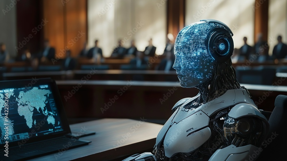 Robot judge in a futuristic courtroom making judicial decisions. Robot judge in a futuristic courtroom making judicial decisions.