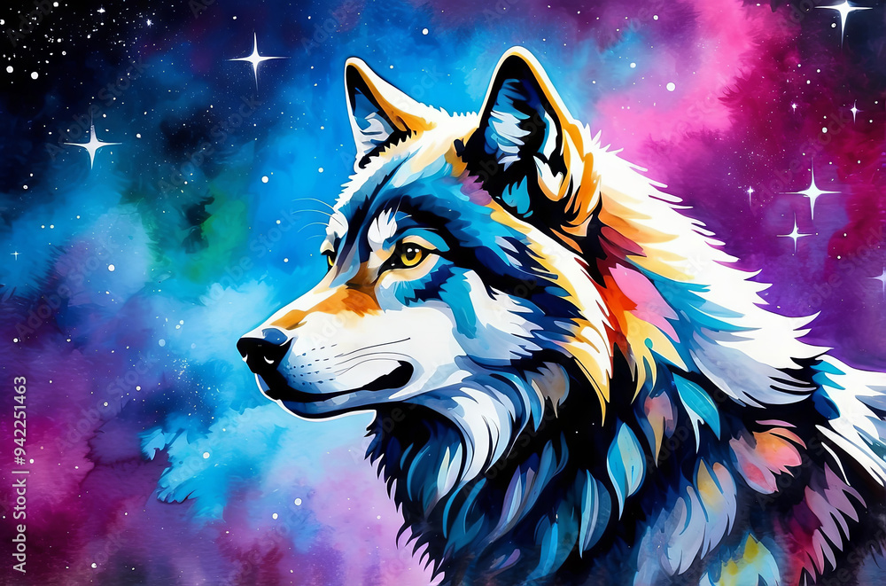a wolf, vibrant galaxy background, gouache paint a wolf, vibrant galaxy background, gouache paint