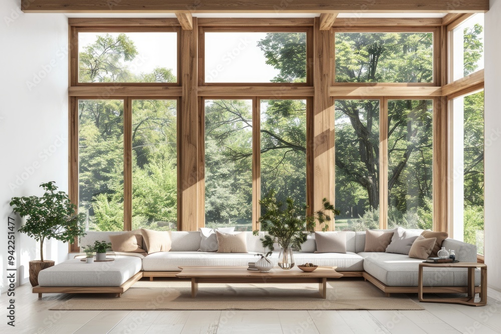 Fototapeta premium A cozy living room with comfortable furniture and large windows for natural light