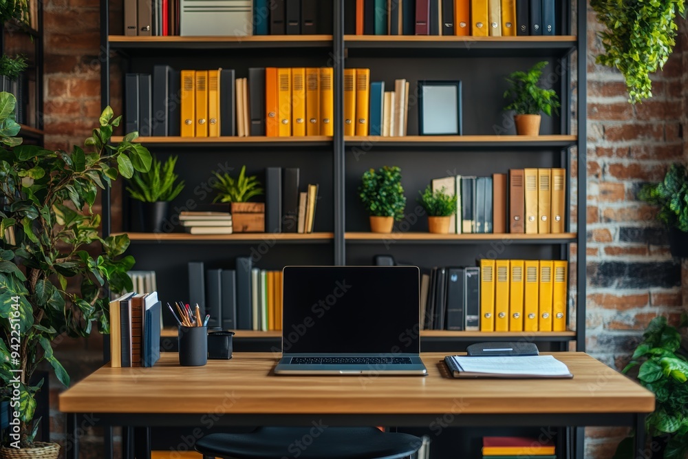 Stylish workspace modern wooden desk with laptop, documents, and books for productive home office Stylish workspace modern wooden desk with laptop, documents, and books for productive home office
