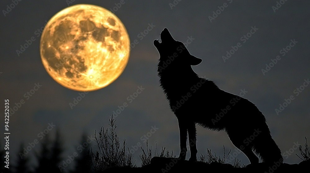A wolf perched atop a hill, gazing upward at the full moon amidst tree-filled surroundings A wolf perched atop a hill, gazing upward at the full moon amidst tree-filled surroundings