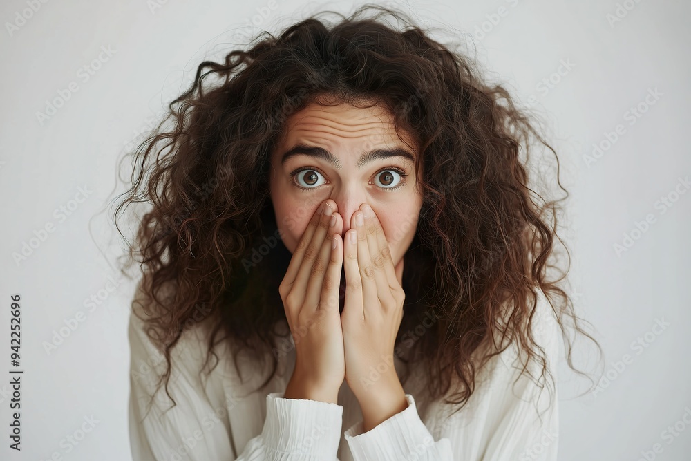 A surprised, curly-haired woman in a white shirt covers her mouth... A surprised, curly-haired woman in a white shirt covers her mouth...