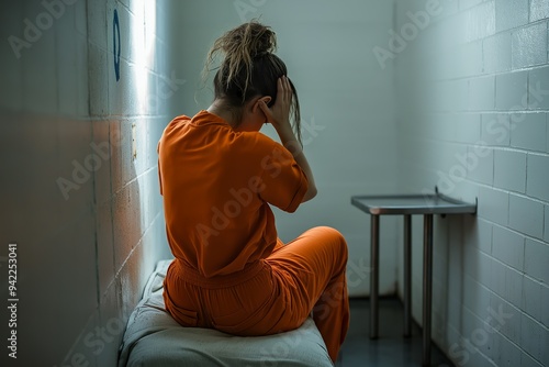 A woman in an orange prison jumpsuit sits on the edge of her bed,... photo