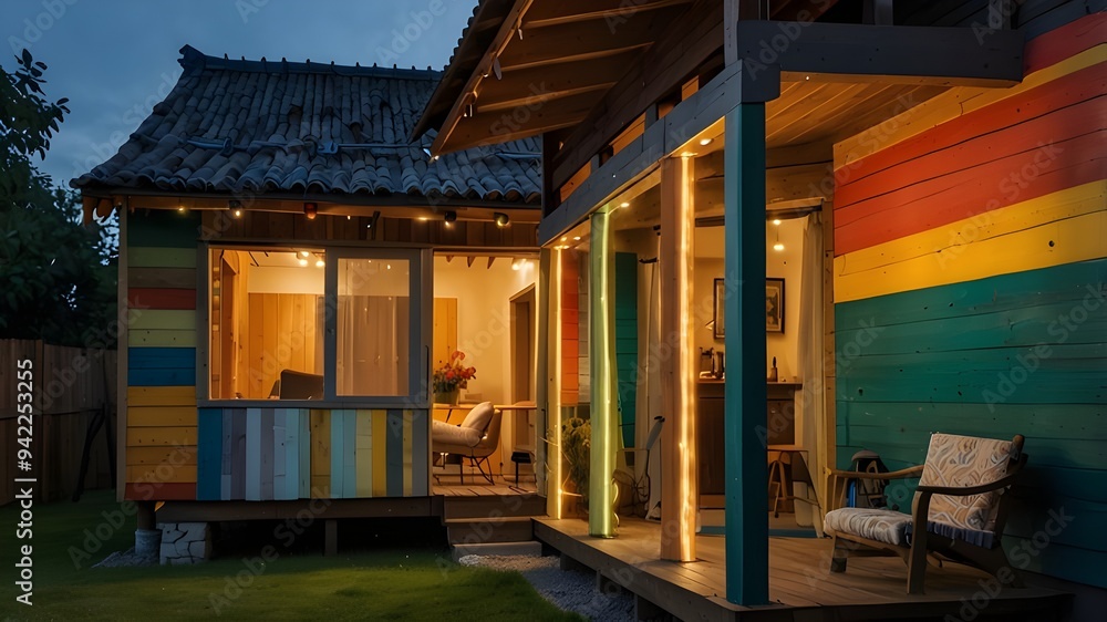 a wooden house painted with mixed colors and charming with globe light a wooden house painted with mixed colors and charming with globe light