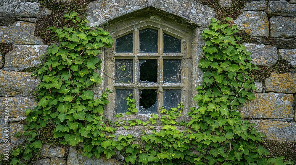 Ivy adorns the ivy-covered stone building's side windows Ivy adorns the ivy-covered stone building's side windows