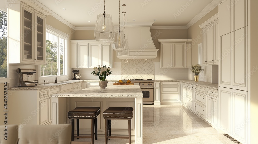 Kitchen Interior design in the transitional style, decorated with a lot of wood and has a warm. Kitchen Interior design in the transitional style, decorated with a lot of wood and has a warm.