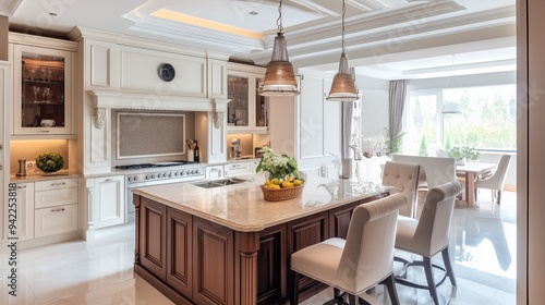 Kitchen Interior design in the transitional style, decorated with a lot of wood and has a warm.