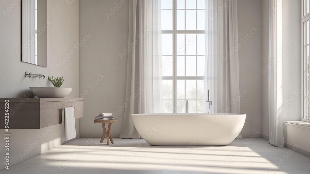 Fototapeta premium Minimalist bathroom is bright and airy, simple furnishings.