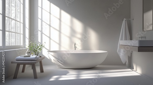 Minimalist bathroom is bright and airy  simple furnishings.