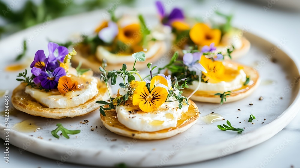 Indulge in goat cheese tostadas with honey, herbs, and edible flowers, presented on elegant marble.