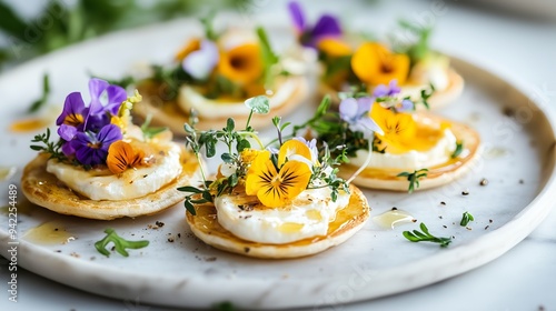 Obraz na płótnie Indulge in goat cheese tostadas with honey, herbs, and edible flowers, presented on elegant marble. w salonie