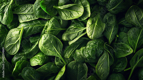  A pile of green spinach leaves with droplets of water on top