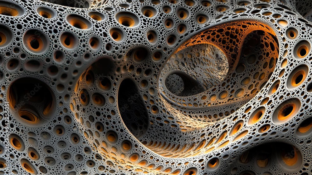a hole-filled structure, with an orange-black focus on its center a hole-filled structure, with an orange-black focus on its center