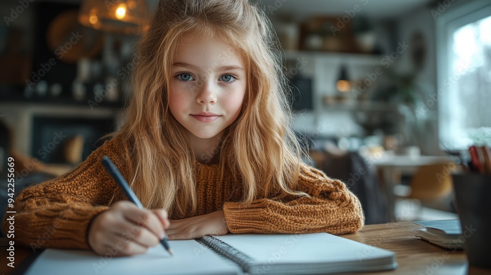A young girl with blonde hair and blue eyes focuses intently as she writes in a notebook at a wooden table in a warmly lit room.
A young girl with blonde hair and blue eyes focuses intently as she writes in a notebook at a wooden table in a warmly lit room.