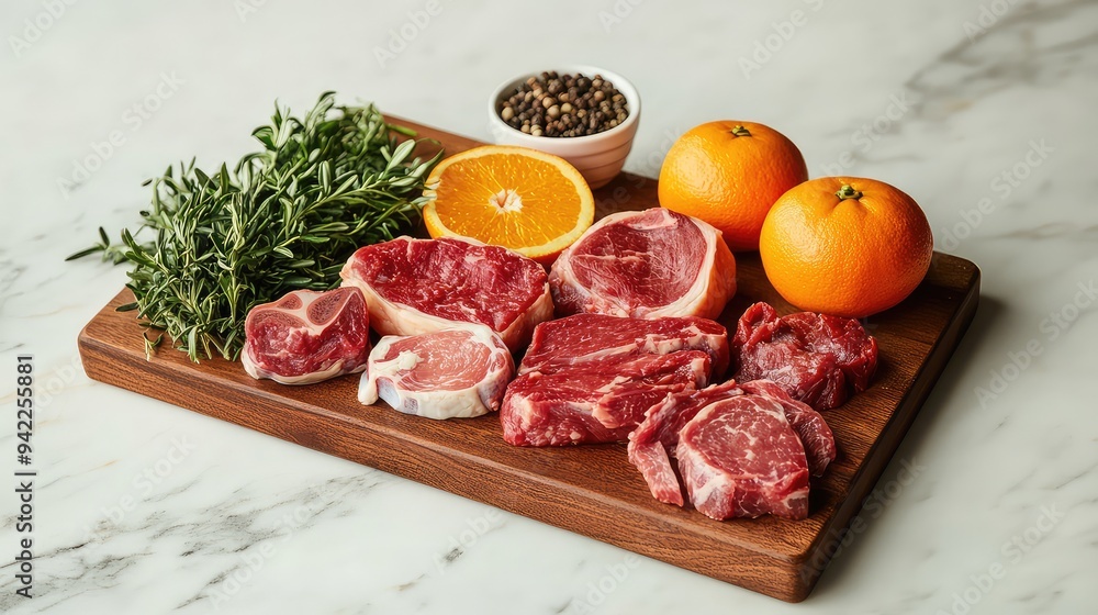 Assorted Cuts of Meat and an Orange on Marble Countertop: Showcasing Fresh Ingredients for Culinary Preparation and Gourmet Cooking Assorted Cuts of Meat and an Orange on Marble Countertop: Showcasing Fresh Ingredients for Culinary Preparation and Gourmet Cooking