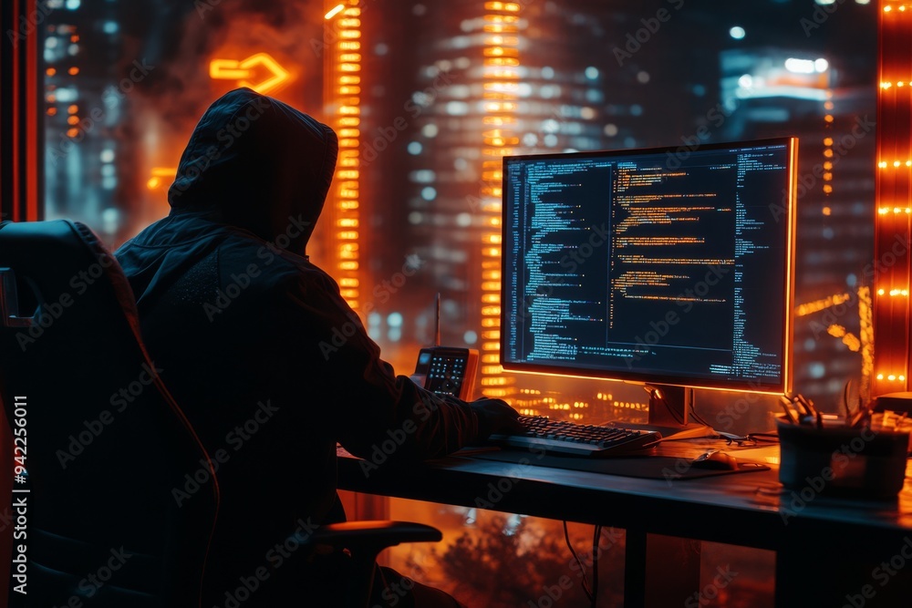 In a shadowy space, a hooded figure works on a hightech computer amid glowing screens displaying advanced hacking techniques, against a mesmerizing futuristic city backdrop sparkling with lights In a shadowy space, a hooded figure works on a hightech computer amid glowing screens displaying advanced hacking techniques, against a mesmerizing futuristic city backdrop sparkling with lights