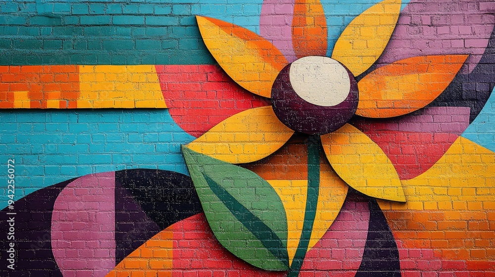Fototapeta premium Brightly Colored Flower Design with Geometric Patterns in Vibrant Urban Art Style