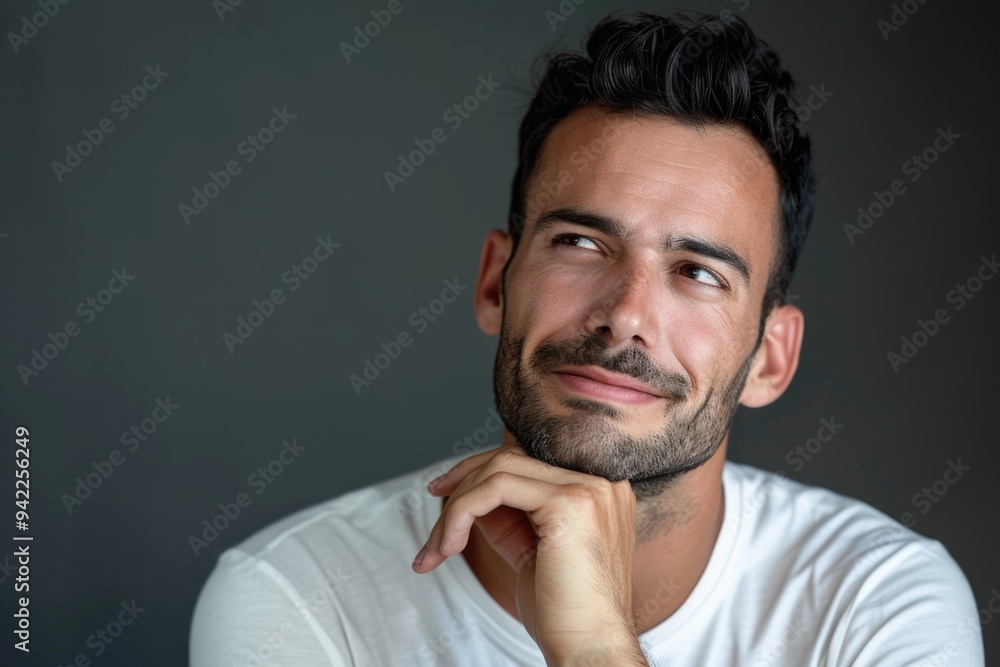 A person thoughtfully considering something, hand resting on chin A person thoughtfully considering something, hand resting on chin