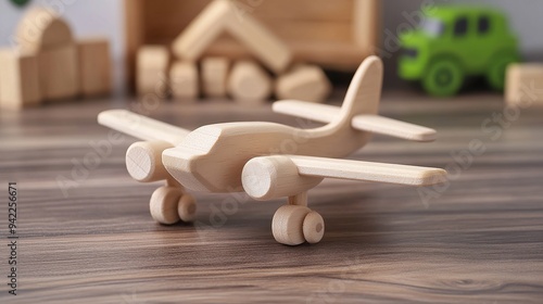 Children's wooden airplane, wooden blocks, and wooden car. Classic toys for playtime and learning. Educational wooden play set.