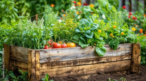 Fototapeta Naklejka Na Ścianę i Meble -  A wooden planter box filled with fresh herbs, leafy greens, and ripe tomatoes.