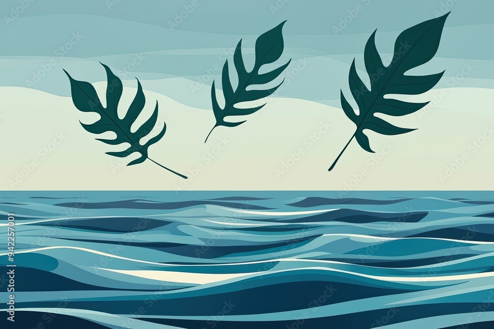Serene Abstract Illustration of Leafy Silhouettes Floating over Ocean Blue Waters for Coastal Retreat Decor Serene Abstract Illustration of Leafy Silhouettes Floating over Ocean Blue Waters for Coastal Retreat Decor
