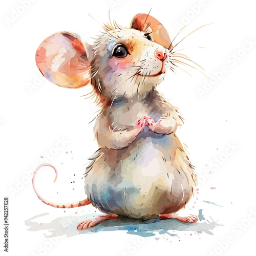 vector illustration of a cartoon fat mouse animation, painted with watercolor, isolated on a white background, fat mouse animation